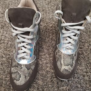 Snake print sneaker wedges